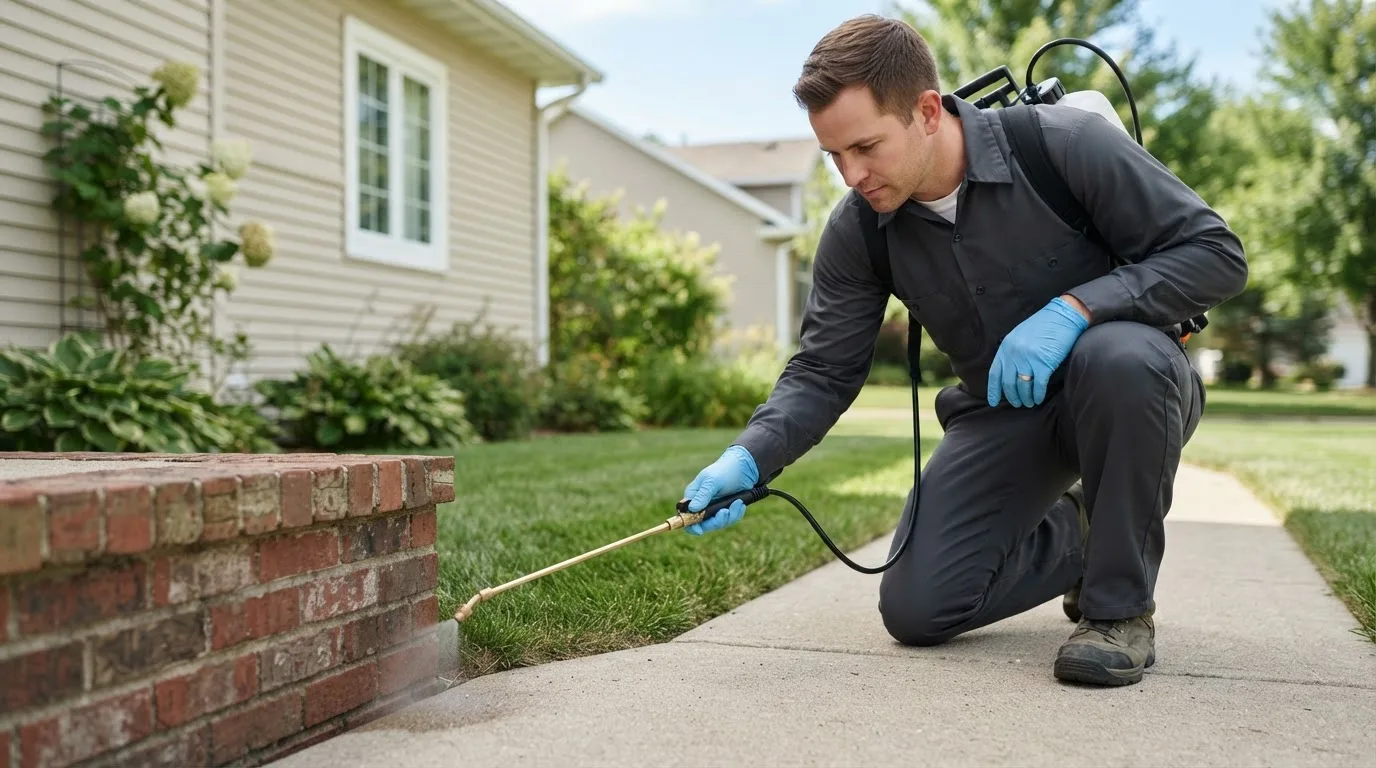 Pest control technician treating a home near De Soto, IA