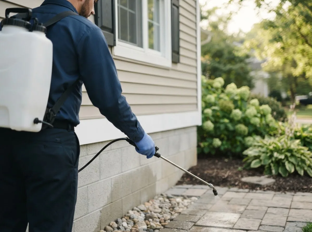 Pest control technician inspecting a home in De Soto, IA